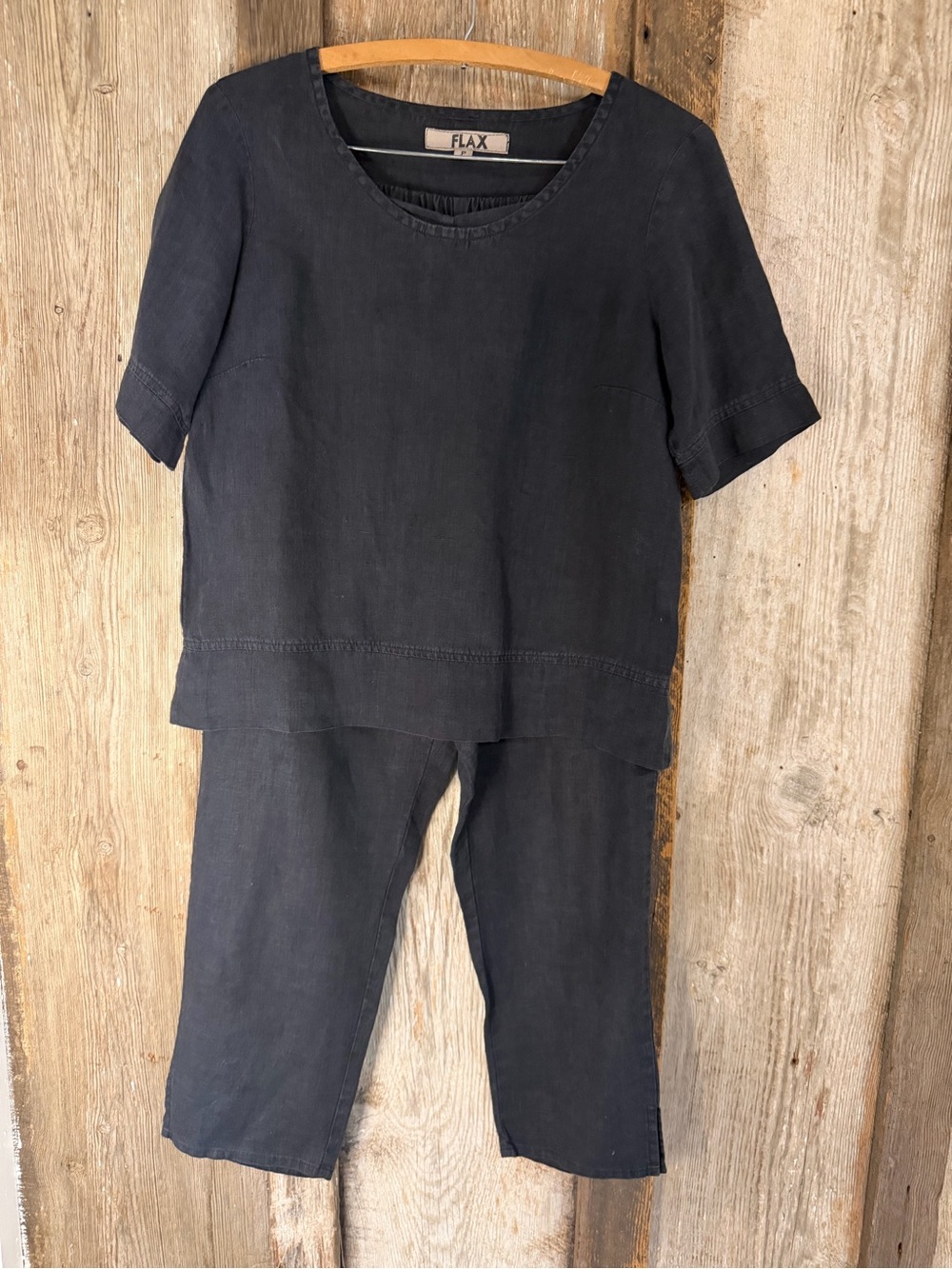 FLAX 100% Linen Two Piece Top/Bottom Set Classic Black Size Small